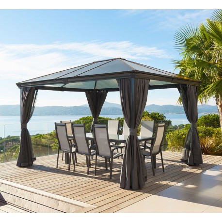 Pavillon toit vitré 300x360cm avec rideaux gris